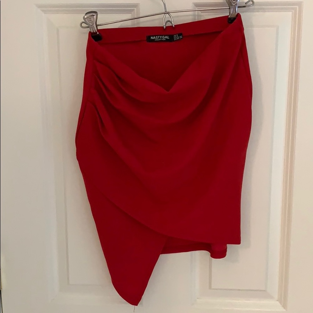 Red Asymmetrical Rushed Mini Skirt - Picture 3 of 5